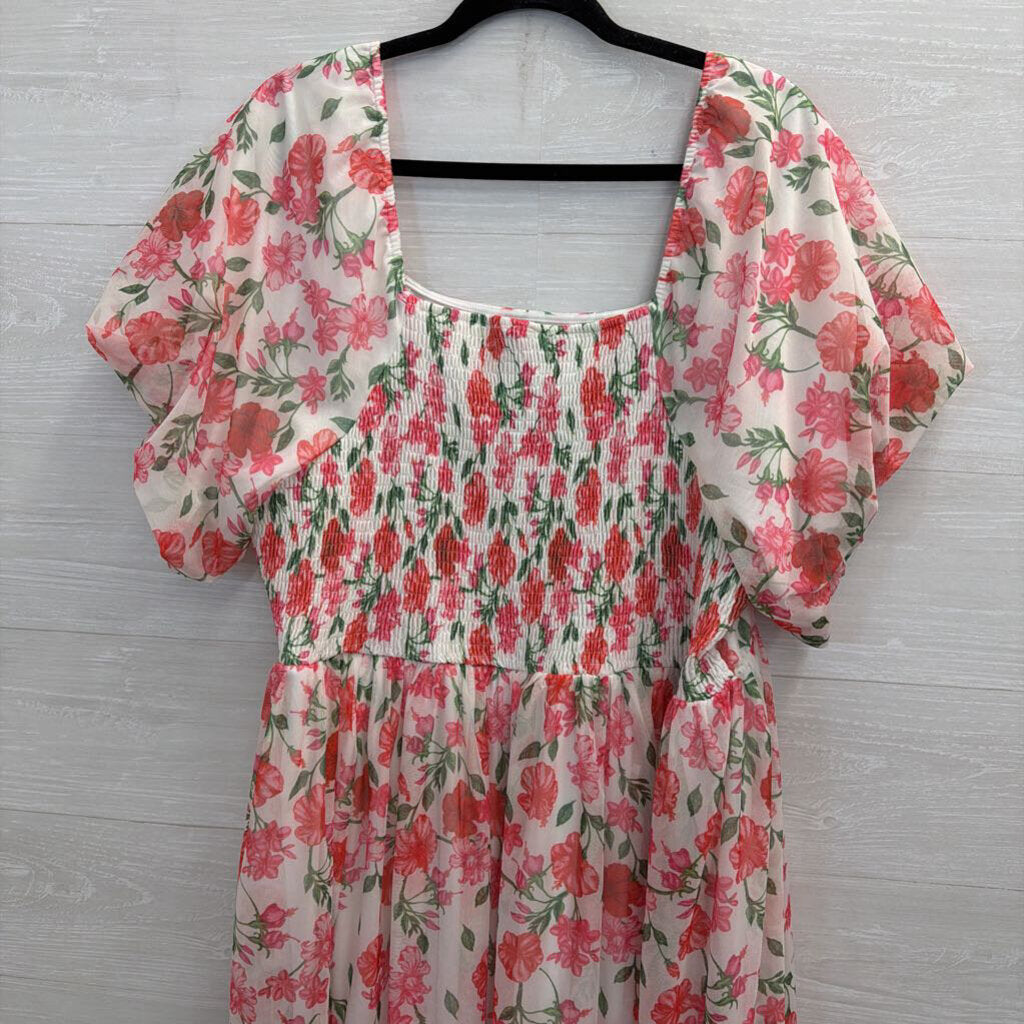 Polagram White/ Pink Floral Print Short Puff Sleeve Maxi Dress 3XL