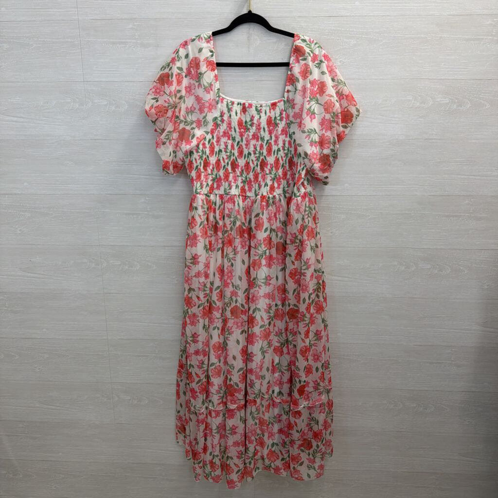 Polagram White/ Pink Floral Print Short Puff Sleeve Maxi Dress 3XL