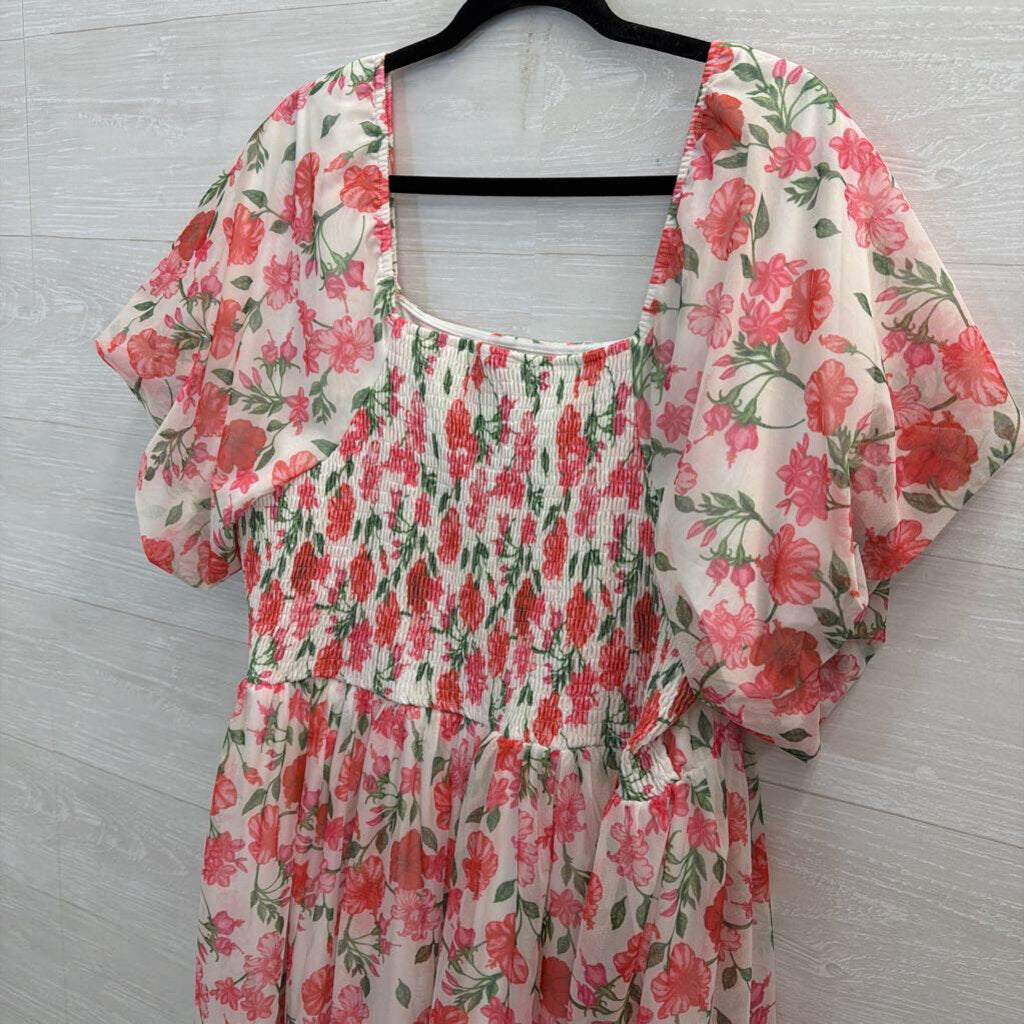 Polagram White/ Pink Floral Print Short Puff Sleeve Maxi Dress 3XL