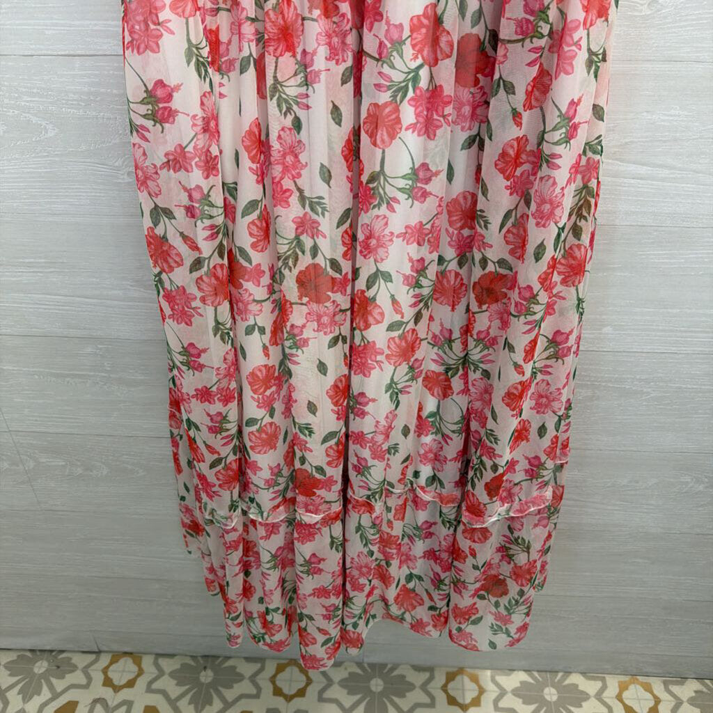 Polagram White/ Pink Floral Print Short Puff Sleeve Maxi Dress 3XL
