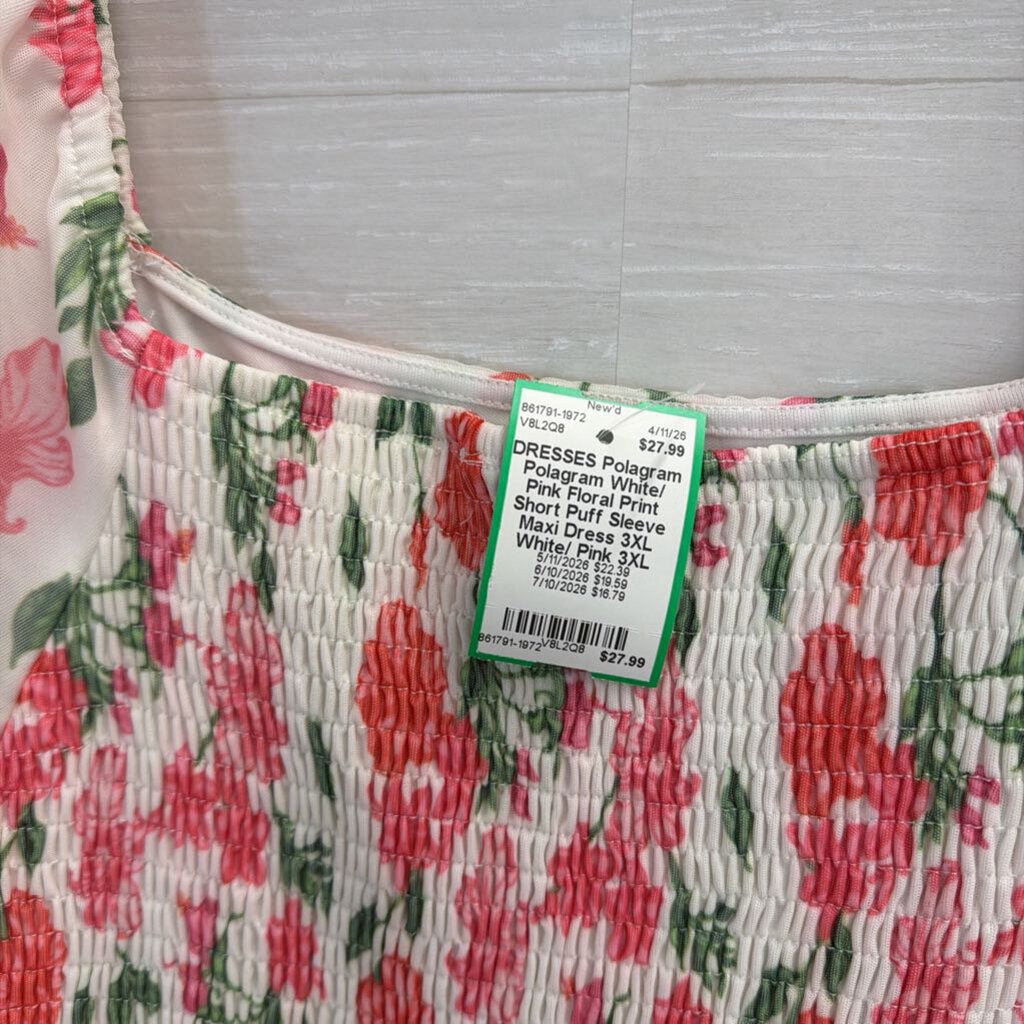 Polagram White/ Pink Floral Print Short Puff Sleeve Maxi Dress 3XL