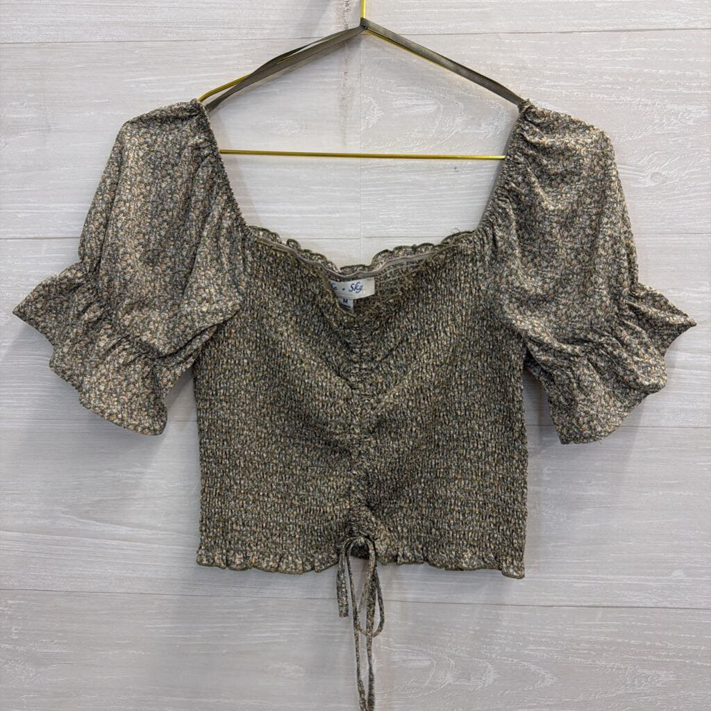 She and Sky Green/ Multi Print Cropped Short Puff Sleeve Top Medium