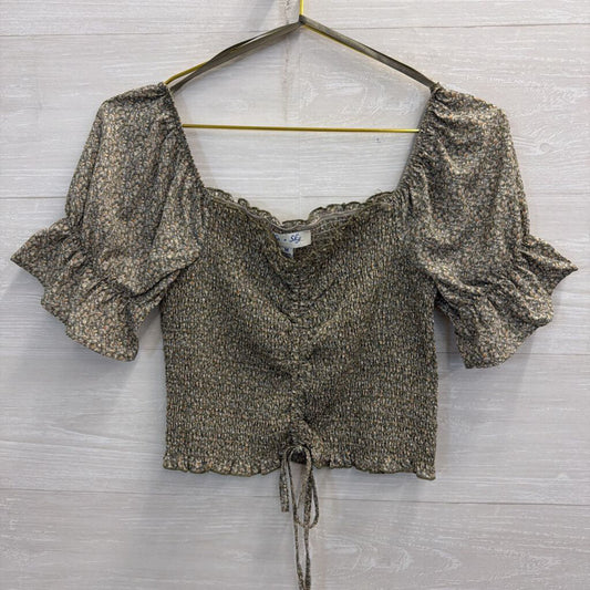 She and Sky Green/ Multi Print Cropped Short Puff Sleeve Top Medium