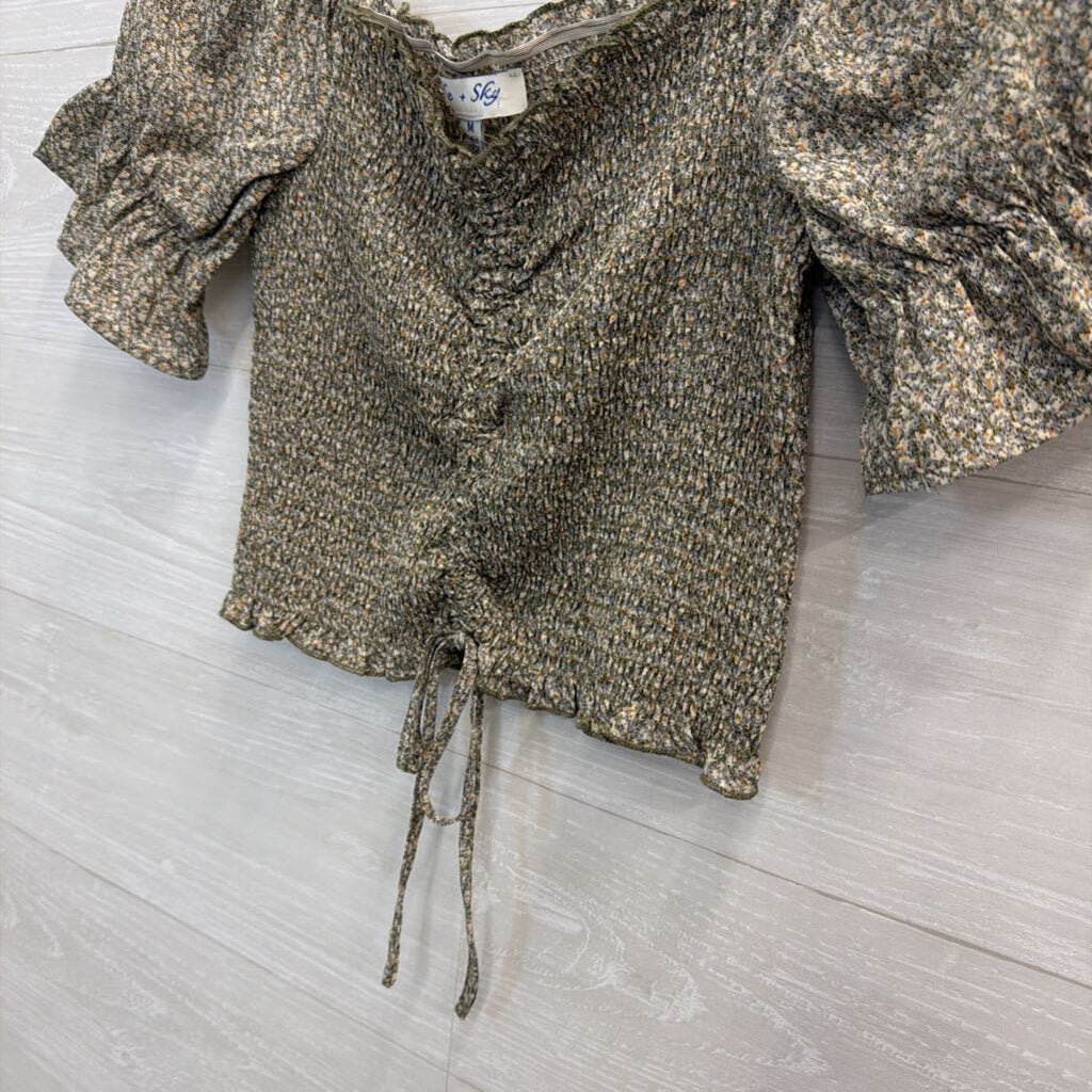 She and Sky Green/ Multi Print Cropped Short Puff Sleeve Top Medium