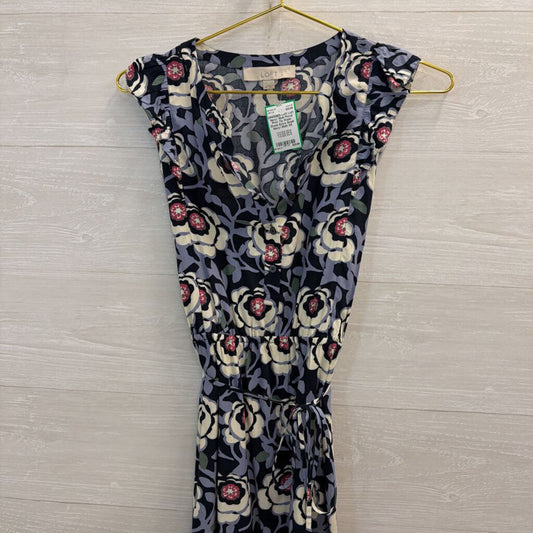 Loft Navy/ Multi Floral Print Tie Waist Dress Extra Small