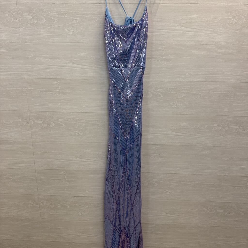 Lulus Blue Sequin Lace Up Back Long Formal Dress Small