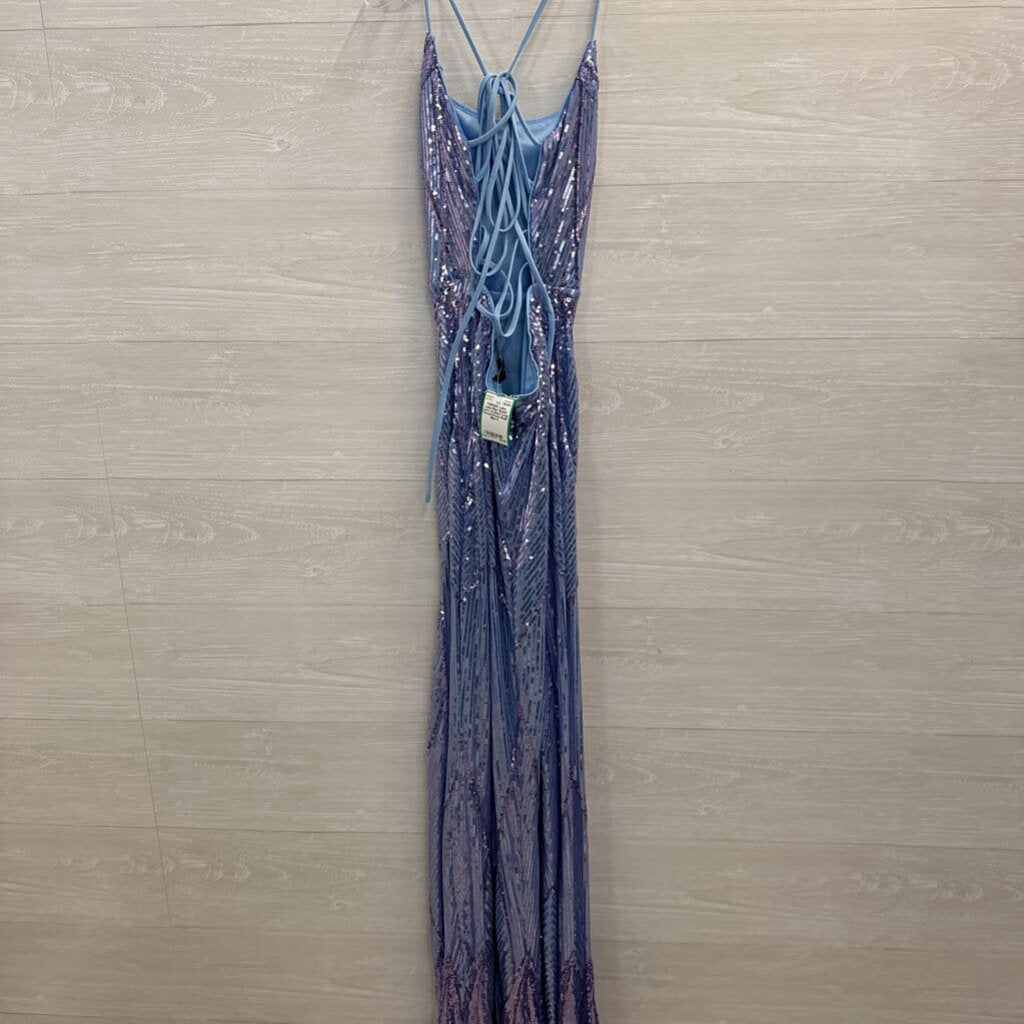 Lulus Blue Sequin Lace Up Back Long Formal Dress Small