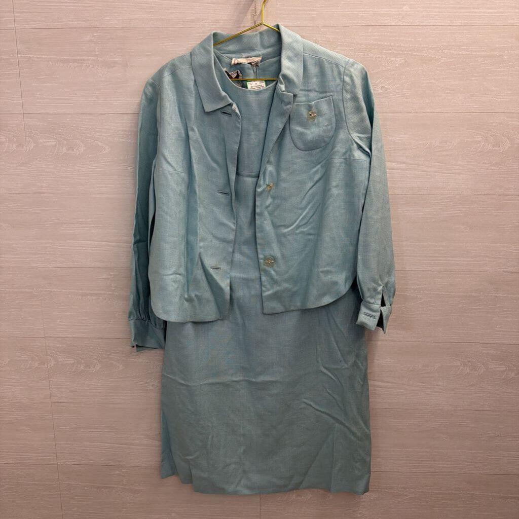 Vintage Dauphine Blue Sleeveless Shift Dress/ Jacket Set Small