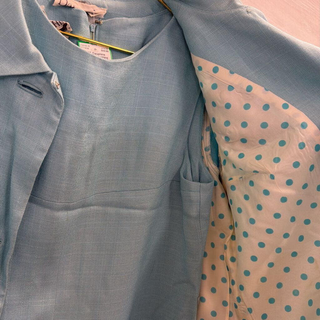 Vintage Dauphine Blue Sleeveless Shift Dress/ Jacket Set Small