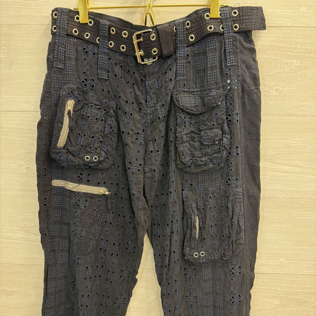 Johnny Was Navy Eyelet Cargo Straight Leg Pants With Belt 4