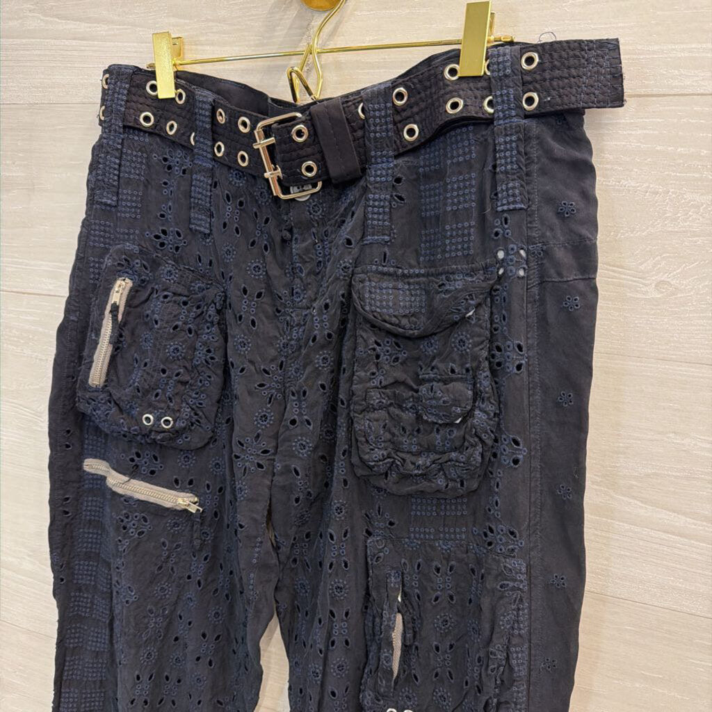 Johnny Was Navy Eyelet Cargo Straight Leg Pants With Belt 4