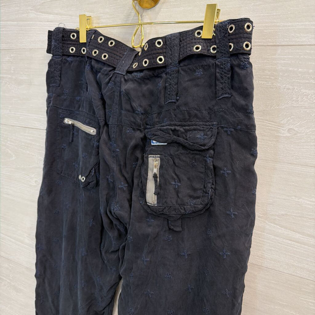 Johnny Was Navy Eyelet Cargo Straight Leg Pants With Belt 4