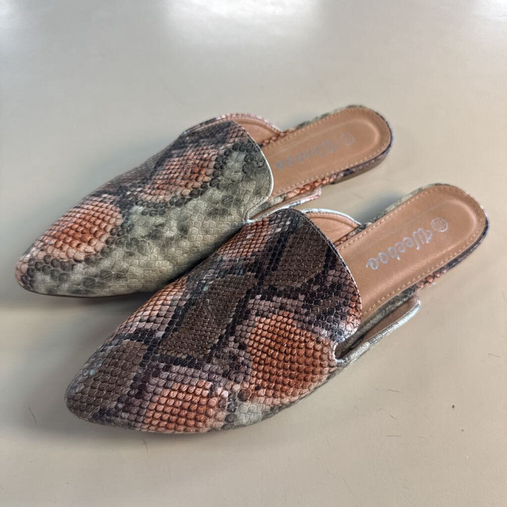 Weeboo Brown/ Multi Snakeskin Print Mules 8.5