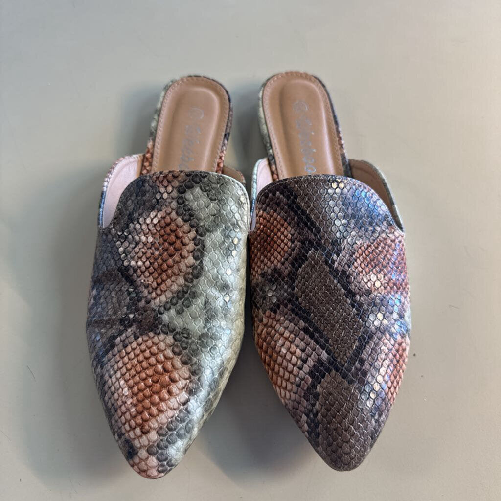 Weeboo Brown/ Multi Snakeskin Print Mules 8.5