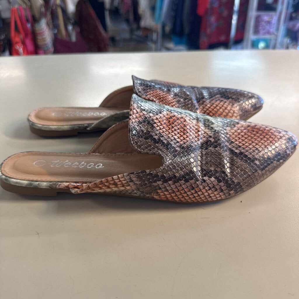 Weeboo Brown/ Multi Snakeskin Print Mules 8.5