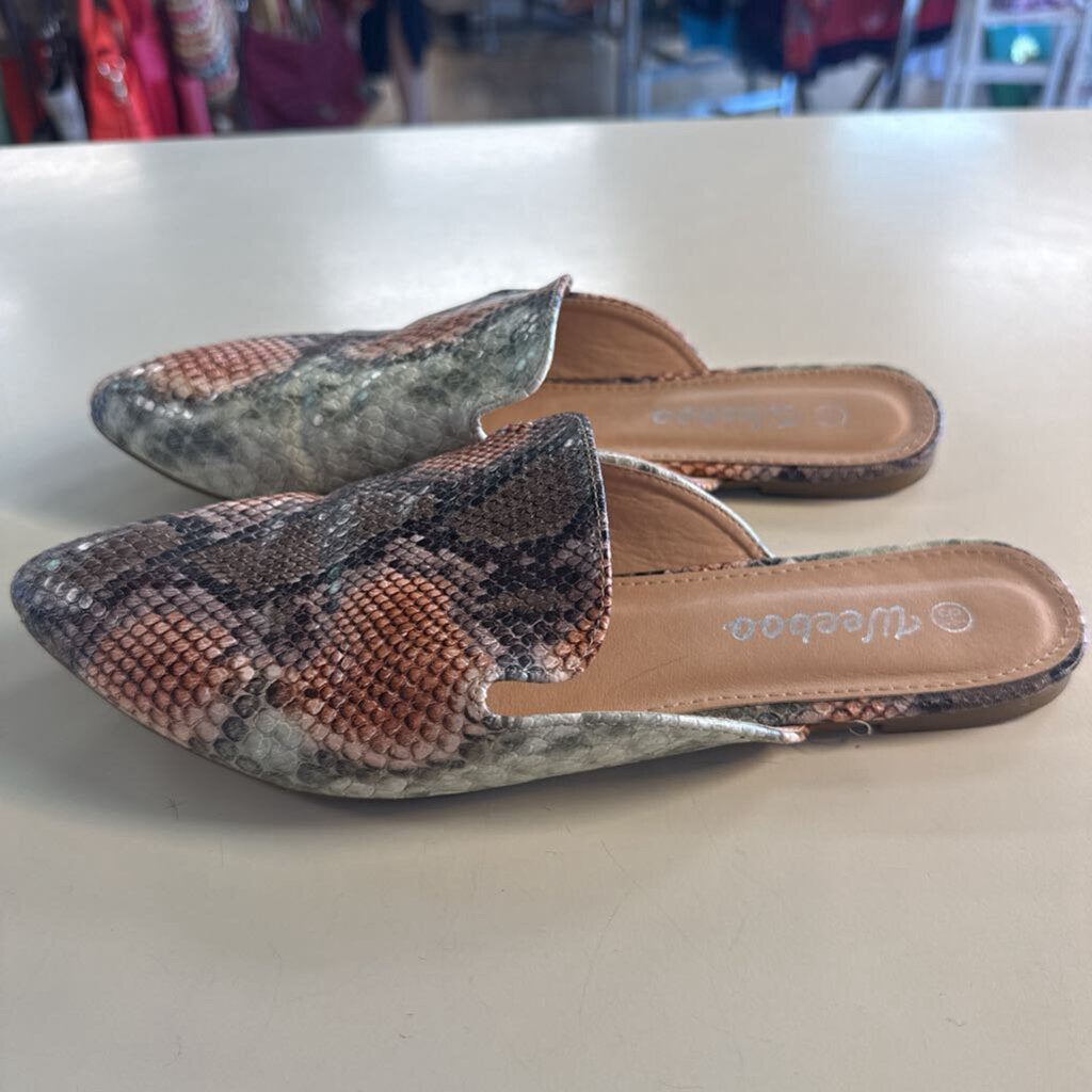 Weeboo Brown/ Multi Snakeskin Print Mules 8.5