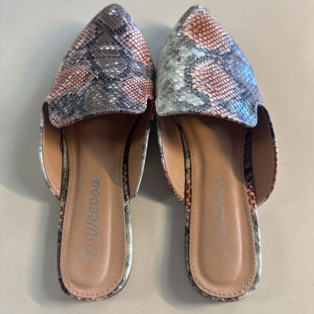 Weeboo Brown/ Multi Snakeskin Print Mules 8.5