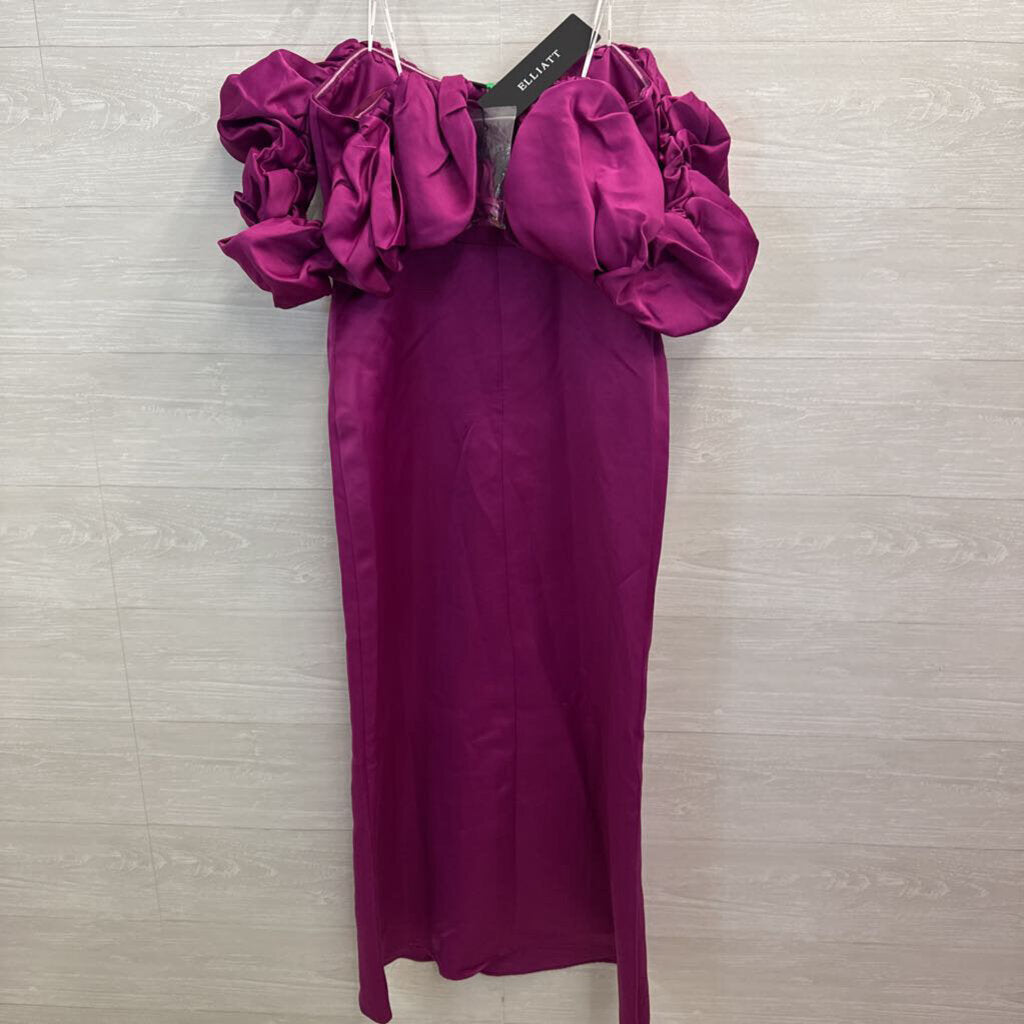 Elliatt Purple Silky Puffy Off Shoulder Long Formal Dress Large
