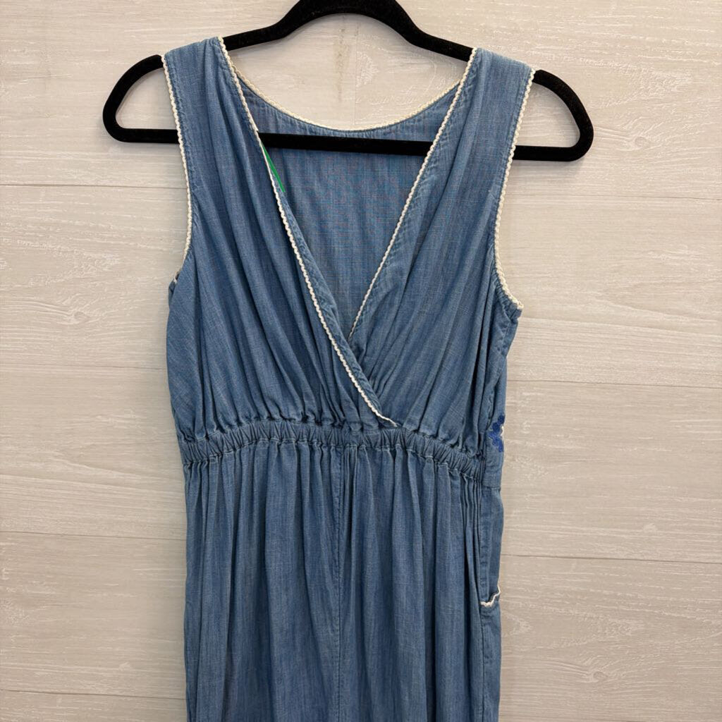 Boden Blue Embroidered Chambray Jumpsuit Extra Small