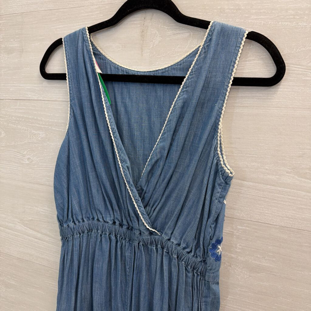 Boden Blue Embroidered Chambray Jumpsuit Extra Small