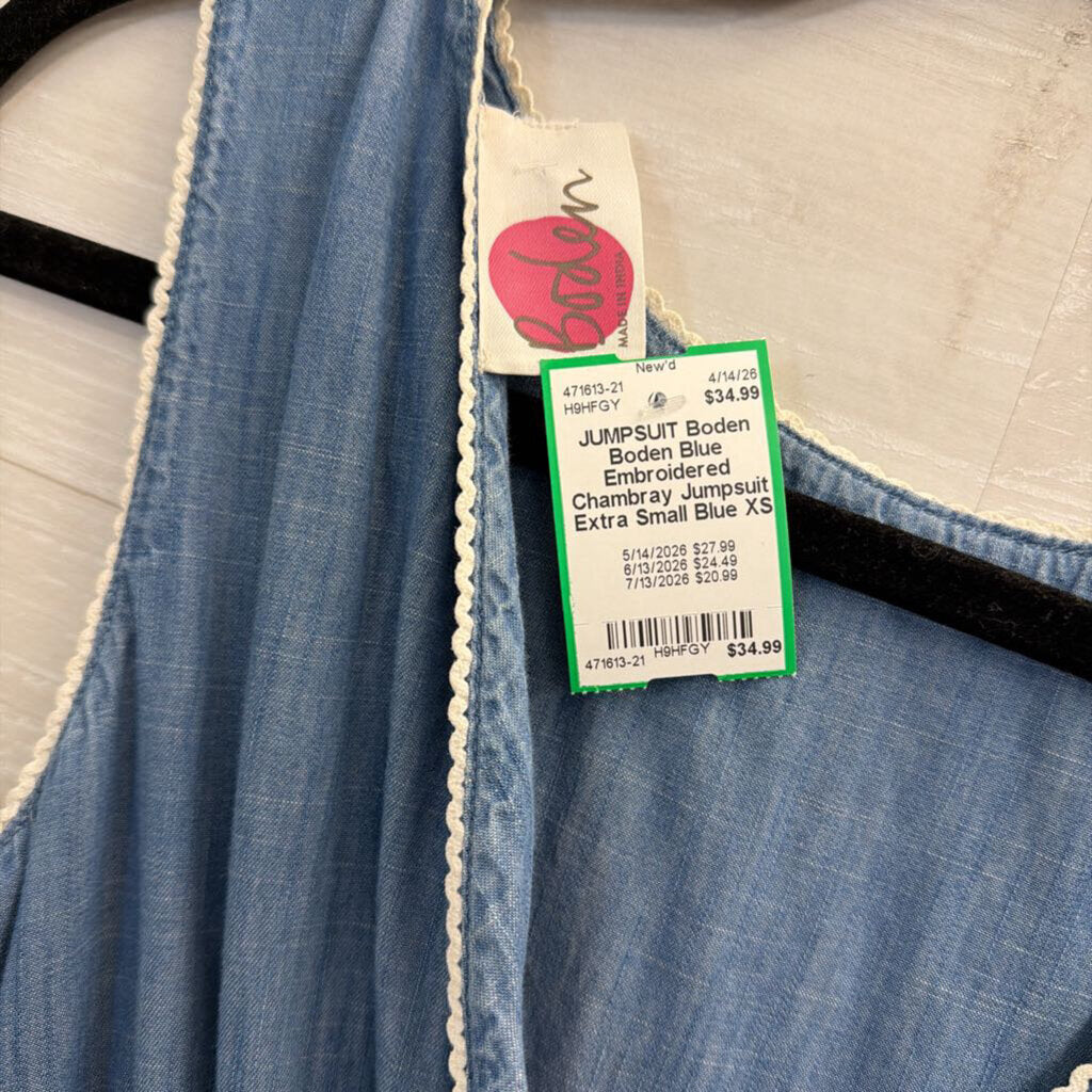 Boden Blue Embroidered Chambray Jumpsuit Extra Small