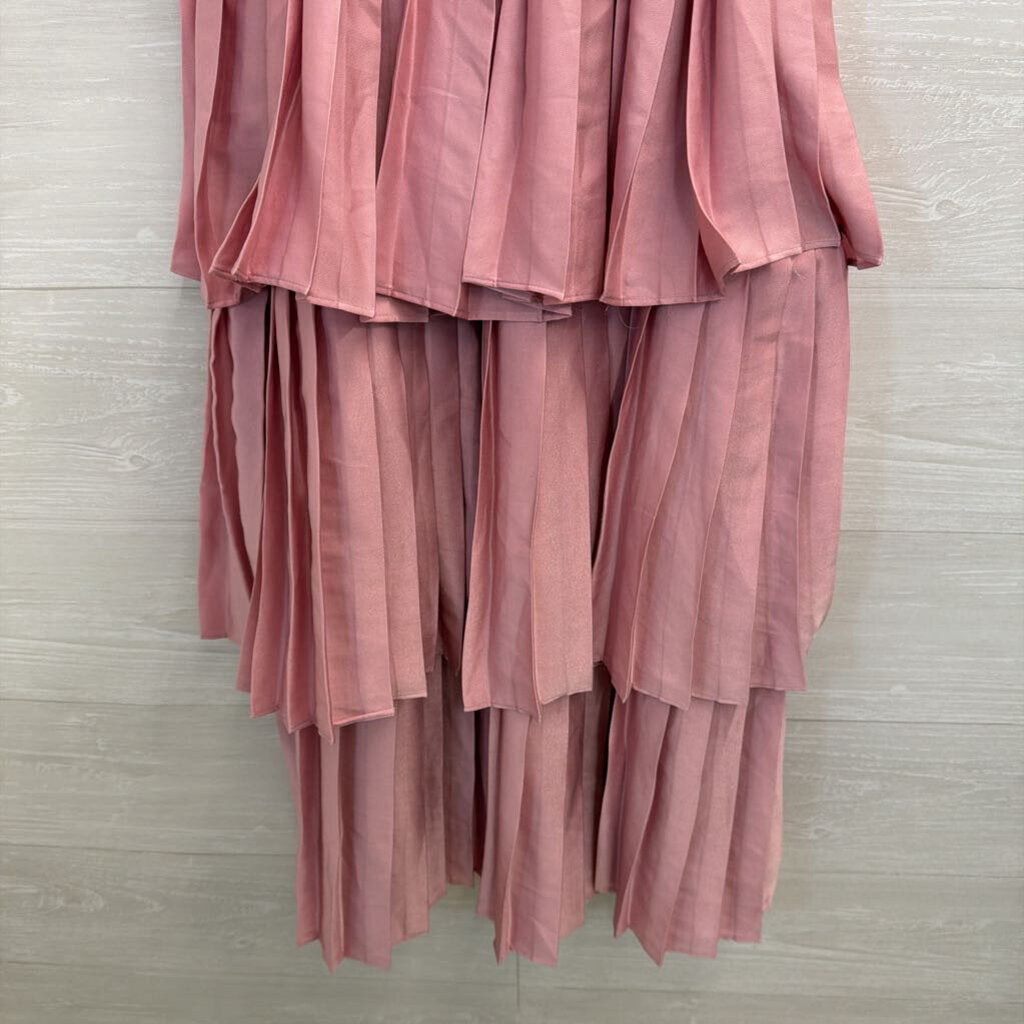 Strut and Bolt Pink Silky Pleated Tiered Short Sleeve Midi Dress Small