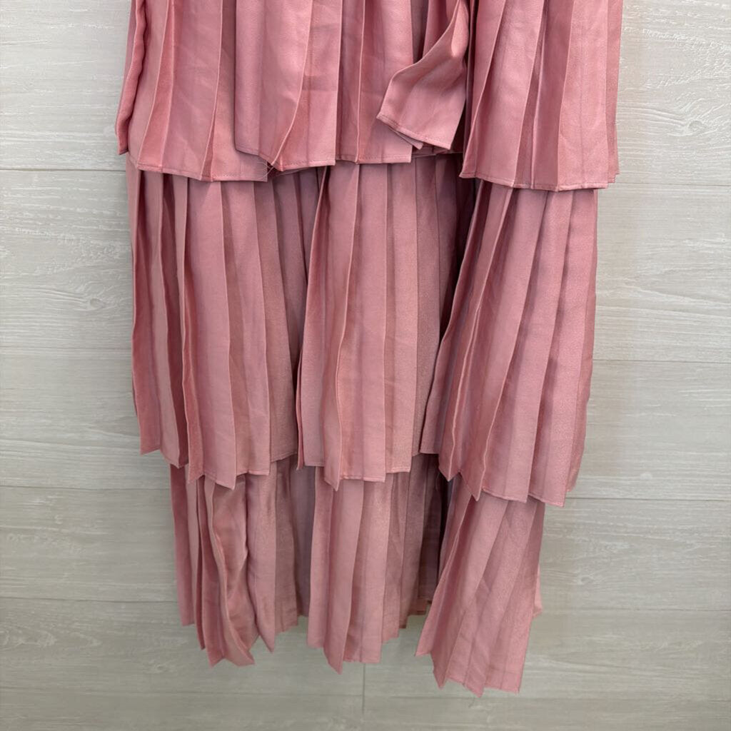 Strut and Bolt Pink Silky Pleated Tiered Short Sleeve Midi Dress Small