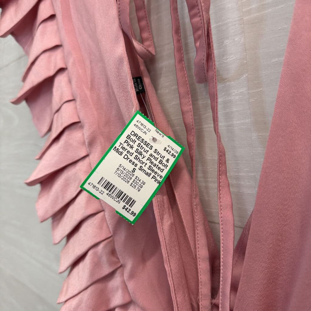 Strut and Bolt Pink Silky Pleated Tiered Short Sleeve Midi Dress Small