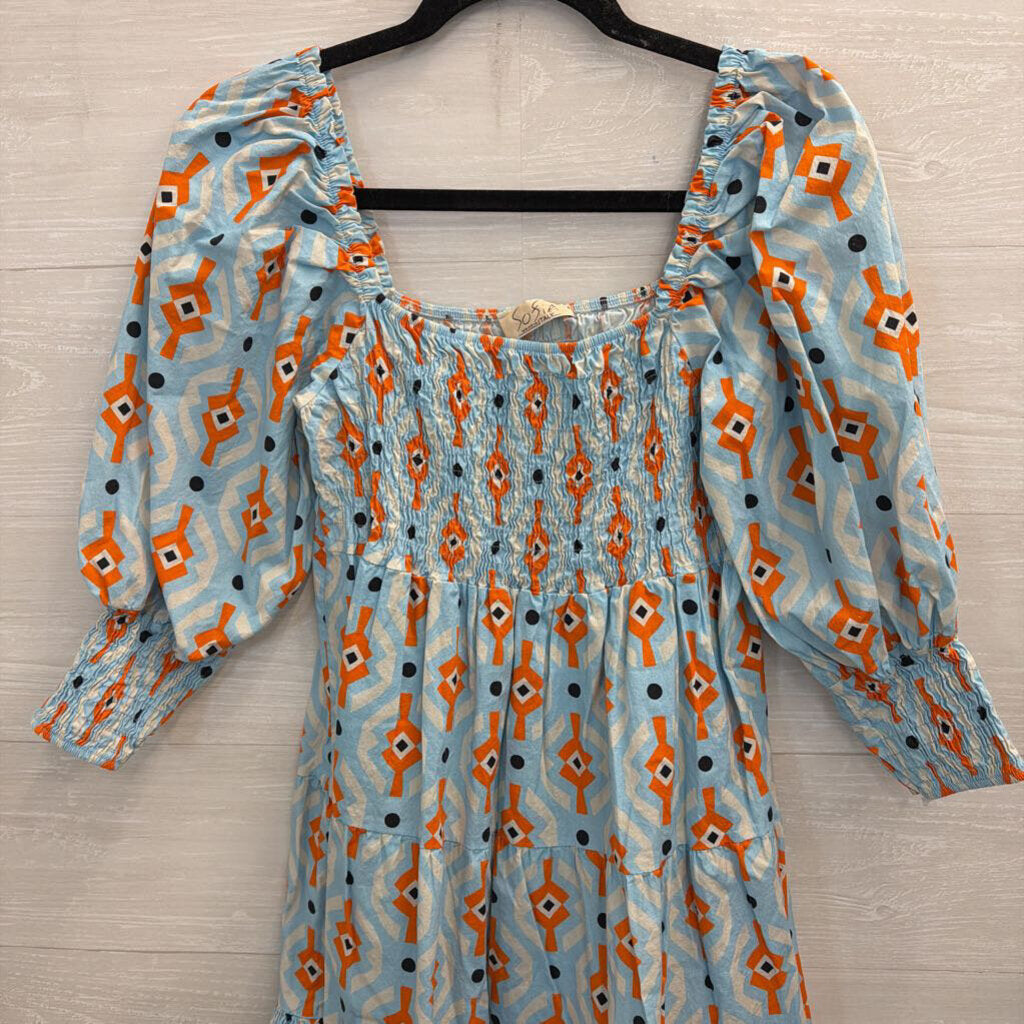 Sofia Blue/ Orange Print Long Puff Sleeve Dress Small