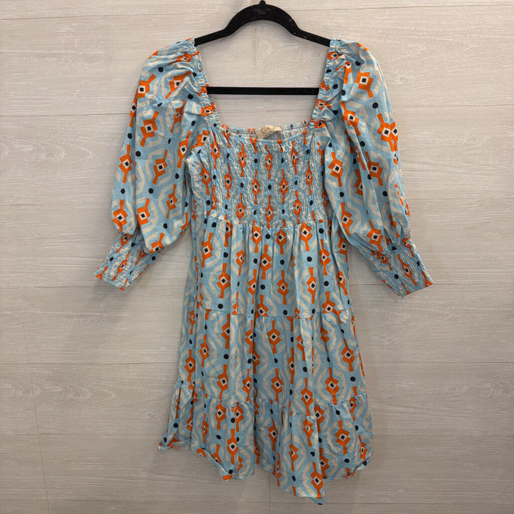 Sofia Blue/ Orange Print Long Puff Sleeve Dress Small