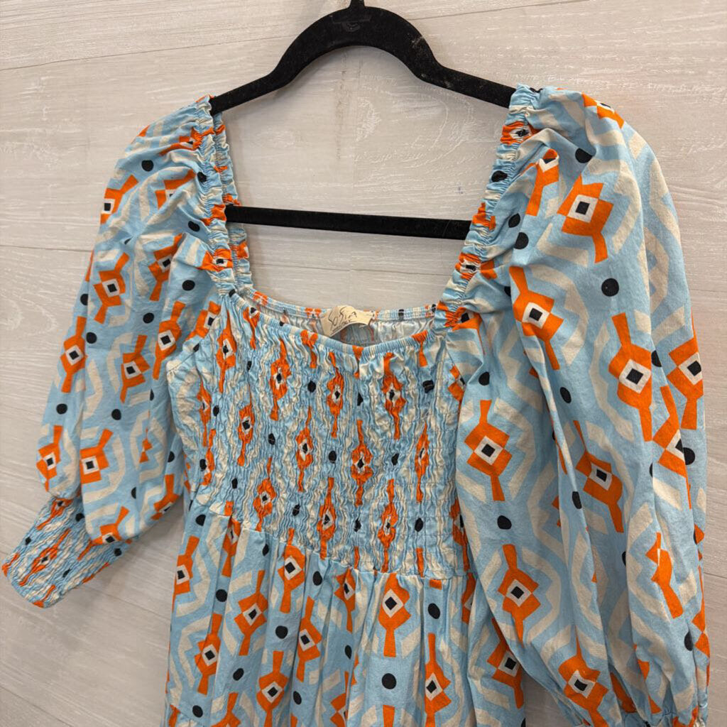 Sofia Blue/ Orange Print Long Puff Sleeve Dress Small