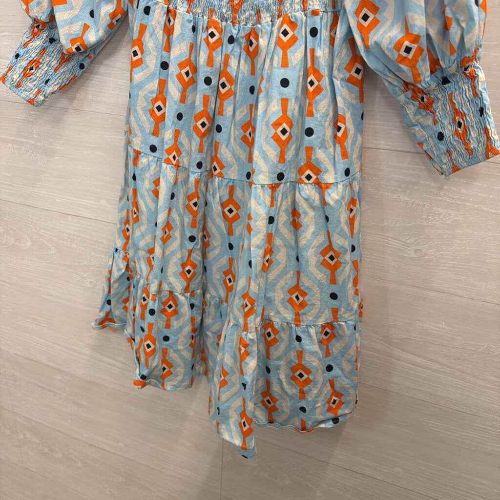 Sofia Blue/ Orange Print Long Puff Sleeve Dress Small