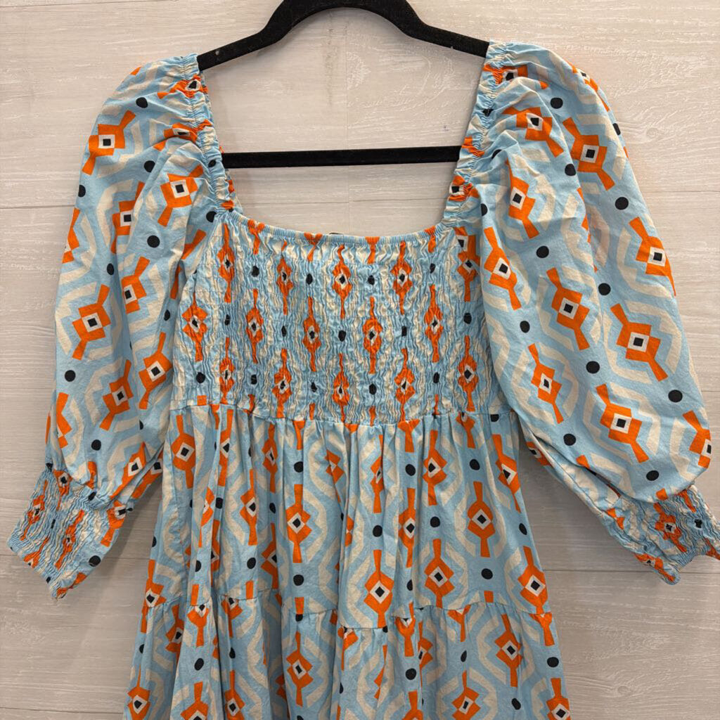 Sofia Blue/ Orange Print Long Puff Sleeve Dress Small