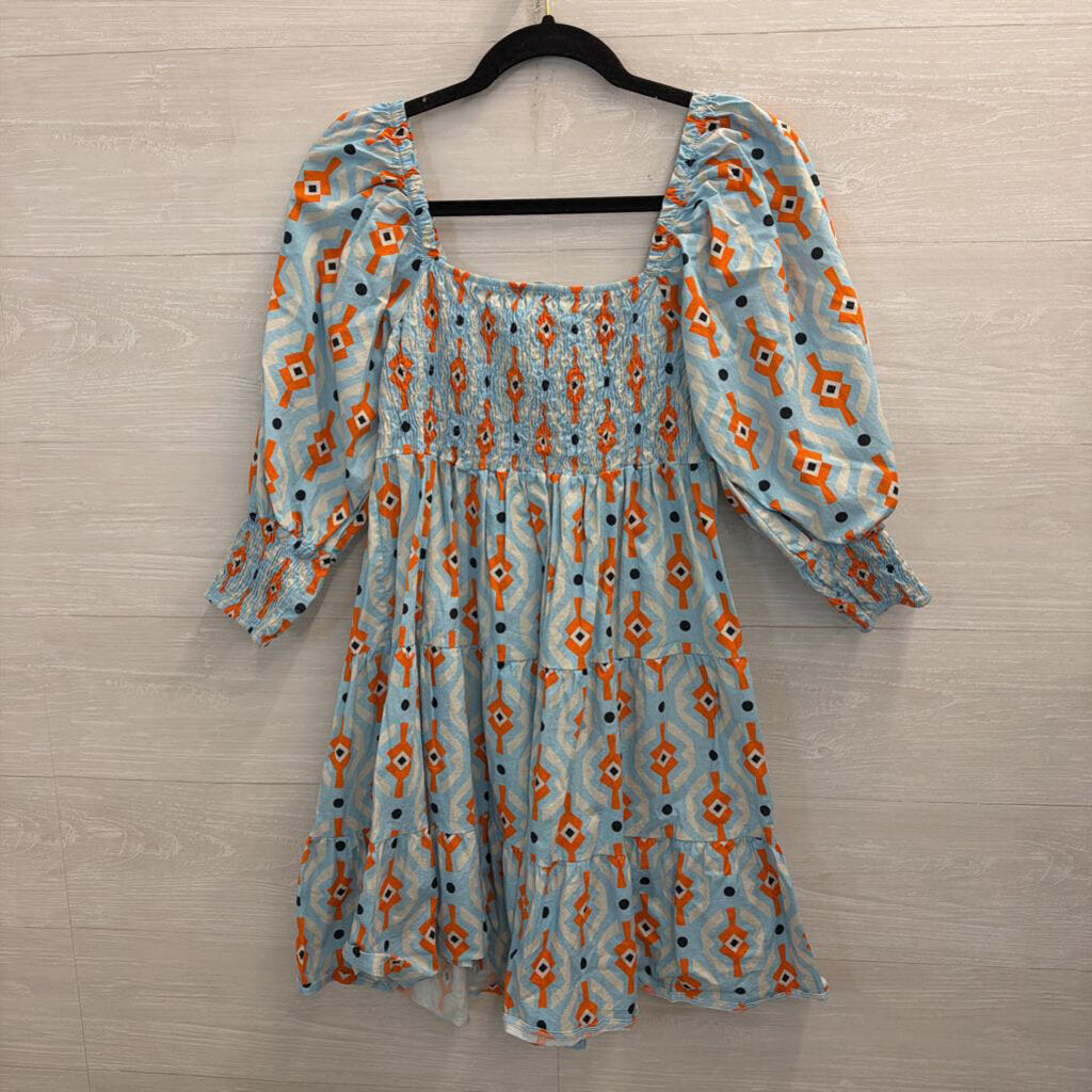 Sofia Blue/ Orange Print Long Puff Sleeve Dress Small