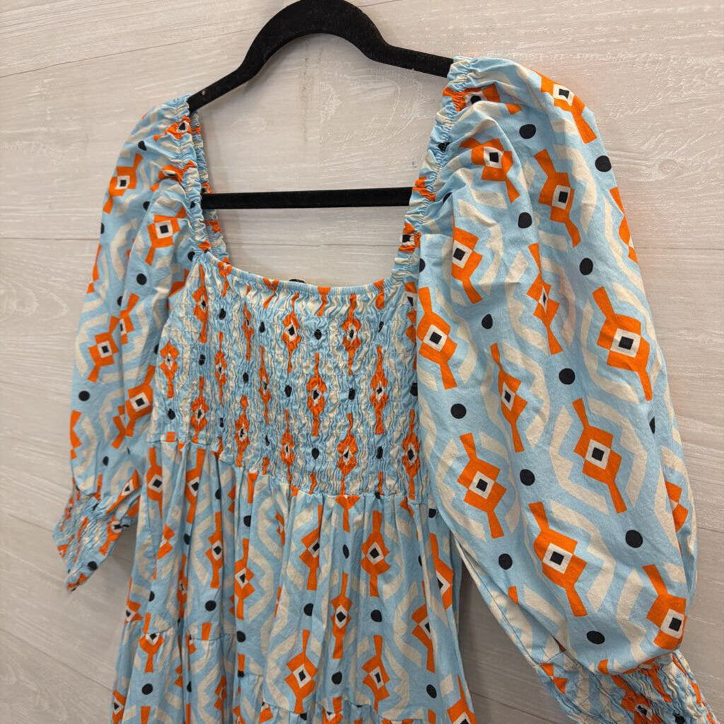 Sofia Blue/ Orange Print Long Puff Sleeve Dress Small