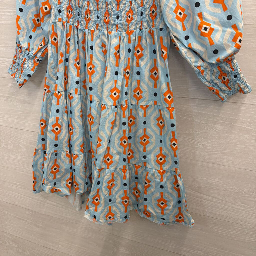 Sofia Blue/ Orange Print Long Puff Sleeve Dress Small