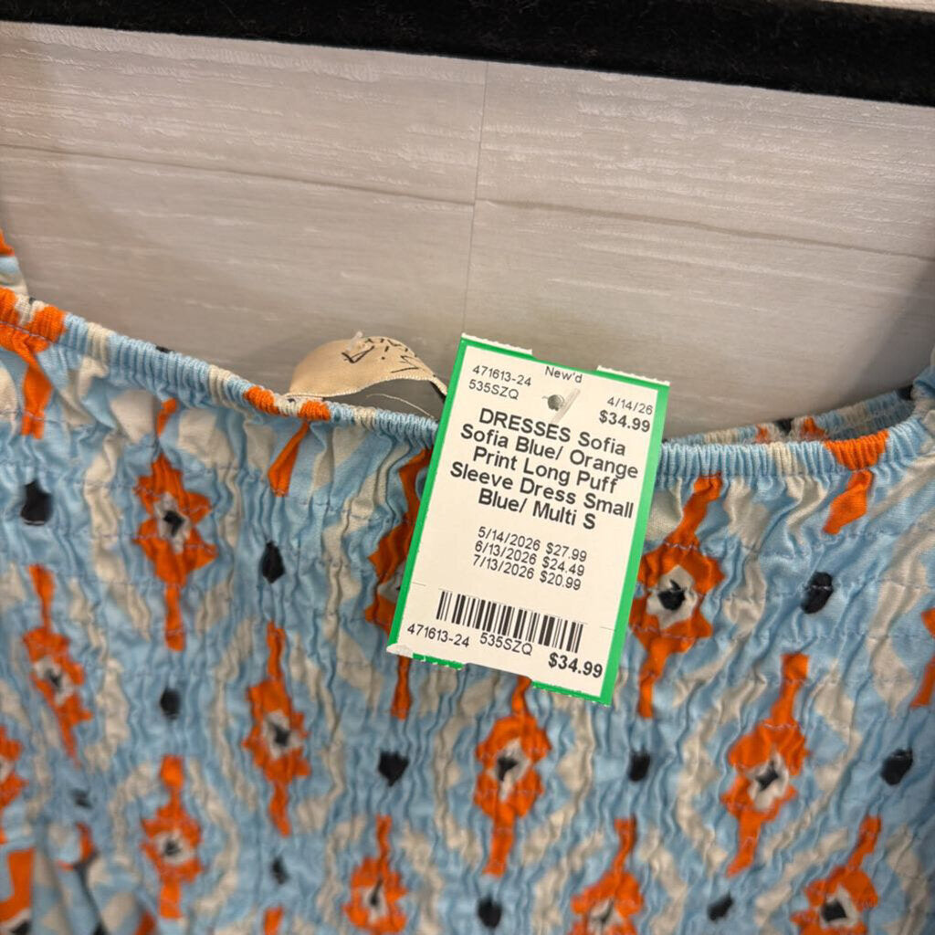 Sofia Blue/ Orange Print Long Puff Sleeve Dress Small