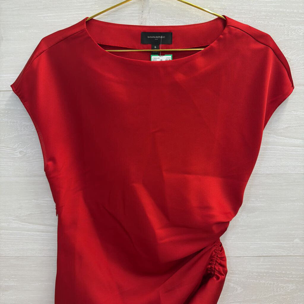 Banana Republic Red Satin Side Ruched Short Sleeve 6