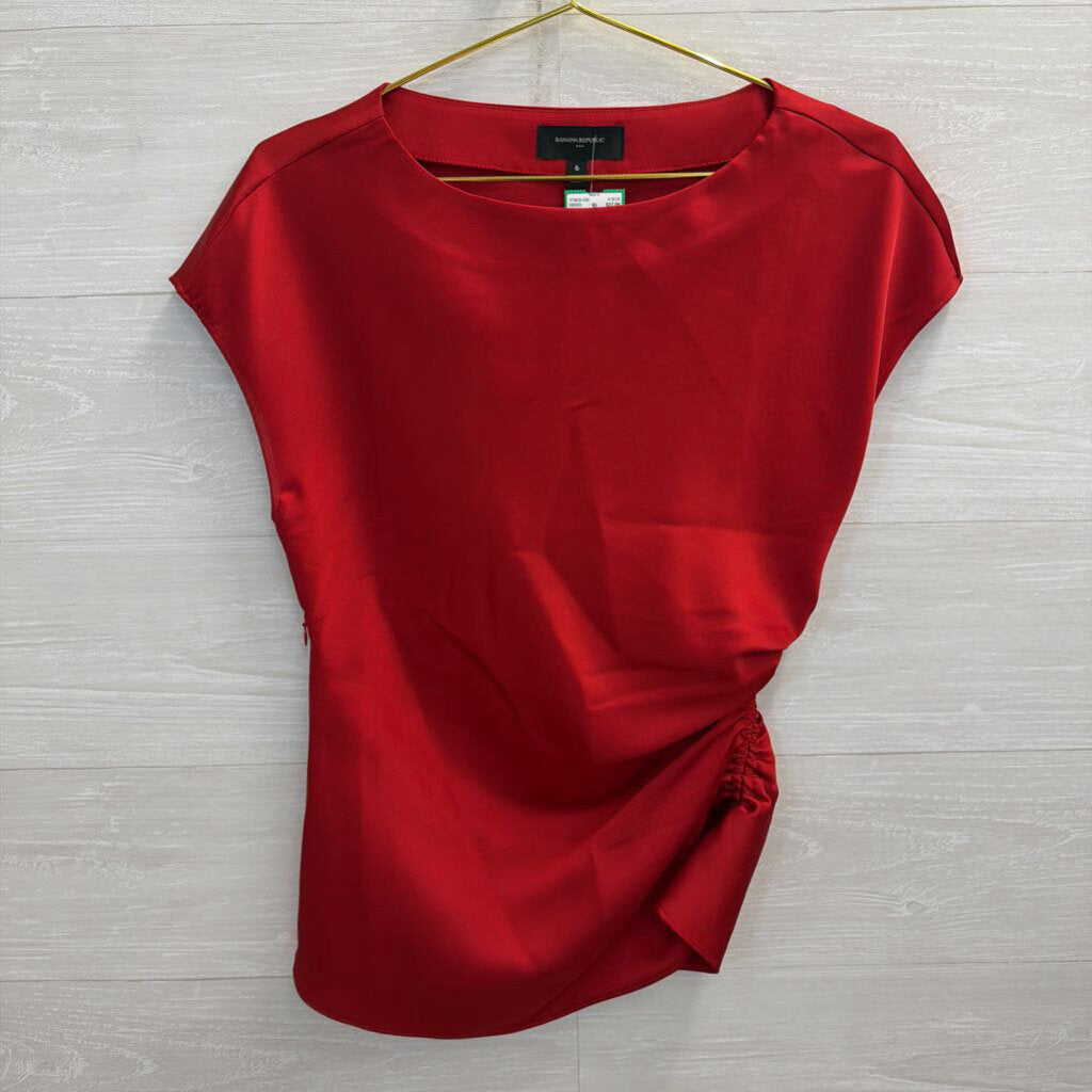 Banana Republic Red Satin Side Ruched Short Sleeve 6