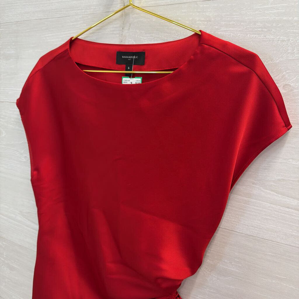 Banana Republic Red Satin Side Ruched Short Sleeve 6
