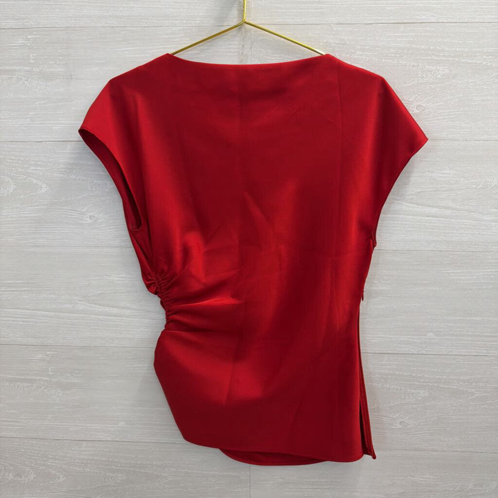 Banana Republic Red Satin Side Ruched Short Sleeve 6