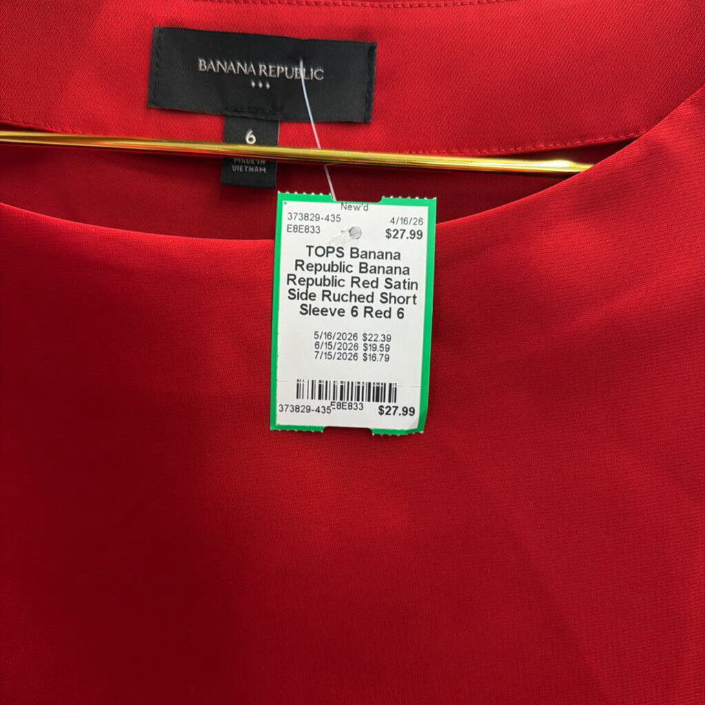Banana Republic Red Satin Side Ruched Short Sleeve 6