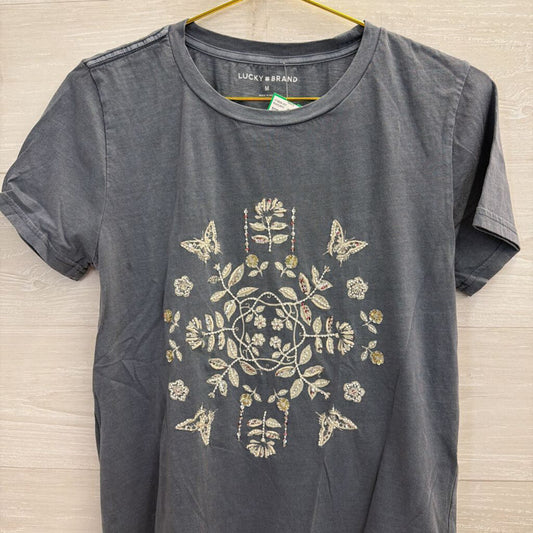 Lucky Brand Blue Embroidered/Beaded Graphic Tee Medium