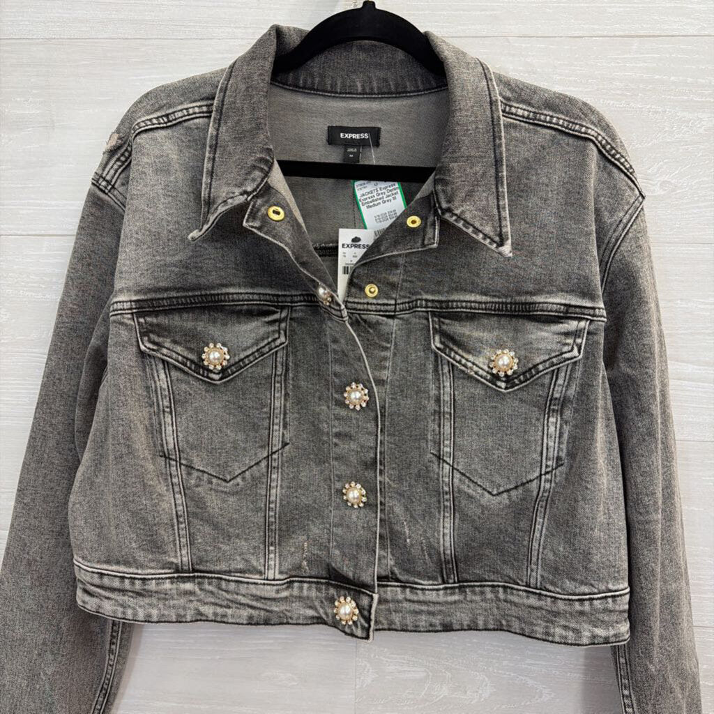 Express Grey Denim Embellished Jacket Medium