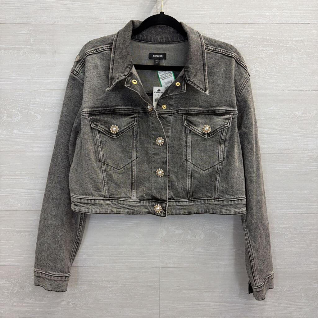 Express Grey Denim Embellished Jacket Medium