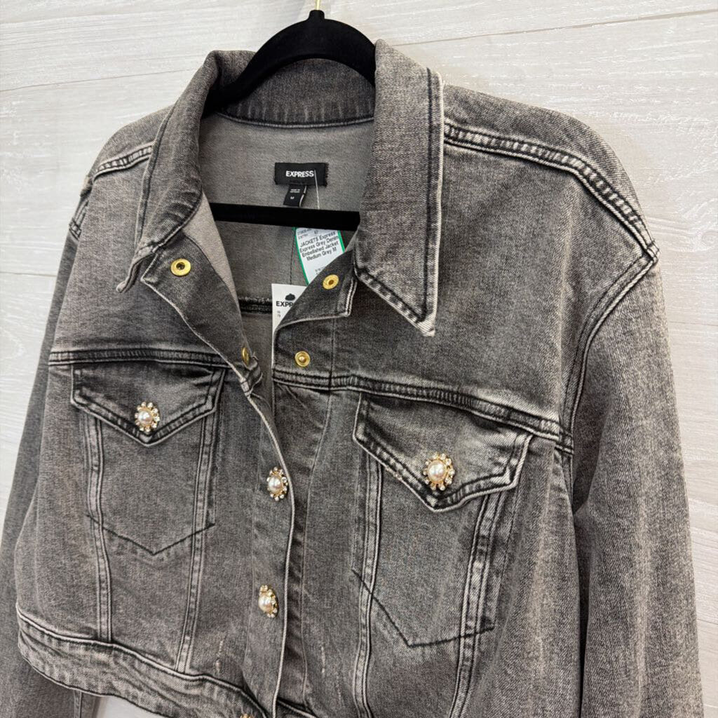 Express Grey Denim Embellished Jacket Medium