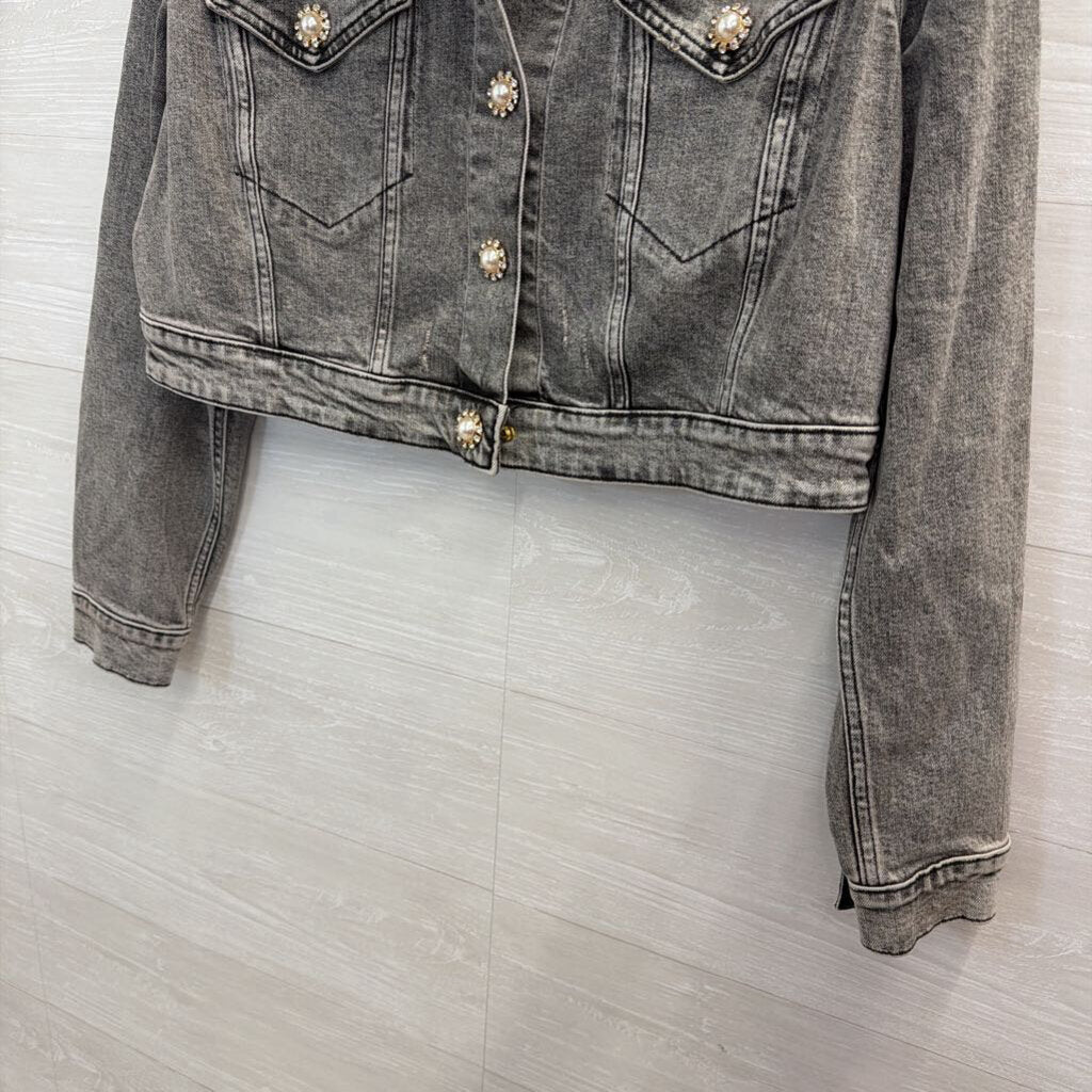Express Grey Denim Embellished Jacket Medium