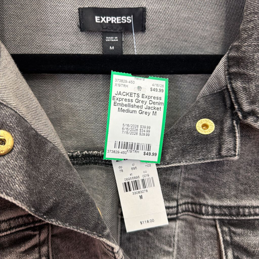 Express Grey Denim Embellished Jacket Medium