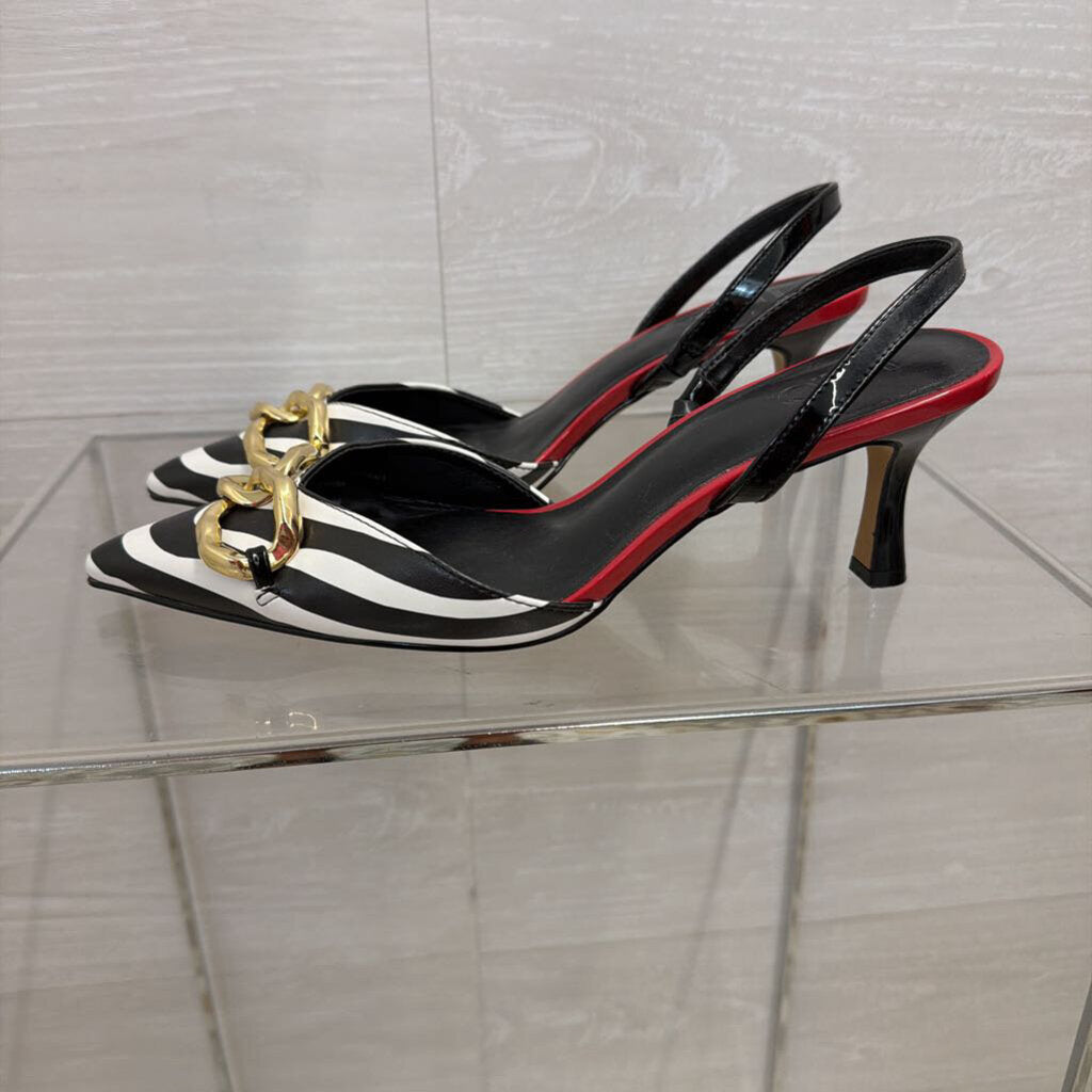 I.N.C Striped Slingback Heels with Gold 8.0