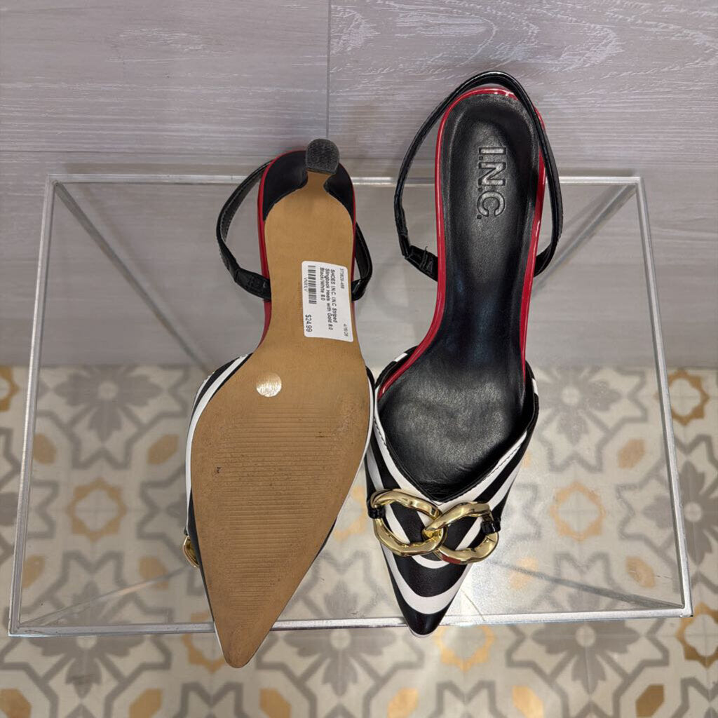 I.N.C Striped Slingback Heels with Gold 8.0